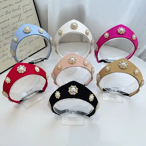 Vintage Barock Gepolstertes Breites Haarband Damen Polyester Künstliche Perle Strass Krone Blumen Stirnband Party Hochzeit Haarschmuck