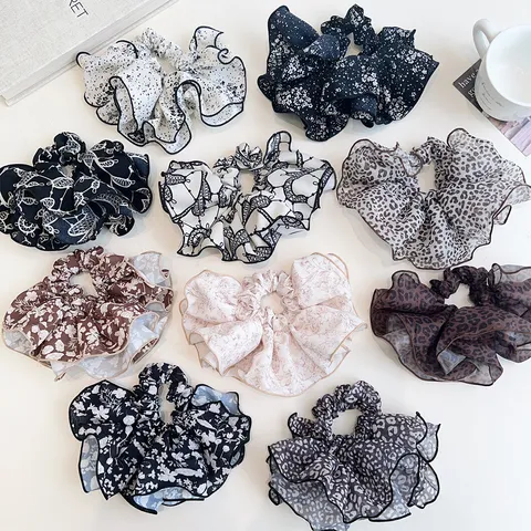Vintage Korean Style Floral Leopard Print Scrunchie Large Double Layer Ruffle Hair Tie Elegant Head Flower Accessory For Women