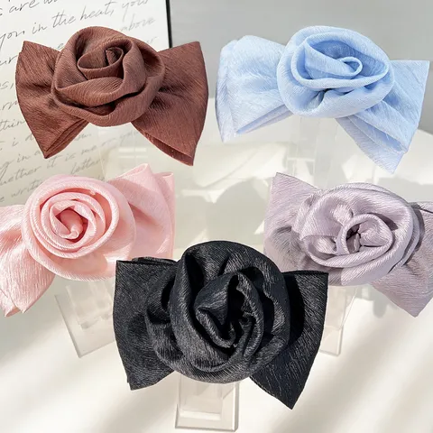 Elegant 3D Rose Flower Ribbon Bow Hair Clip For Women High-end Graceful Fabric Spring Clip Ponytail Hairpin Accessory