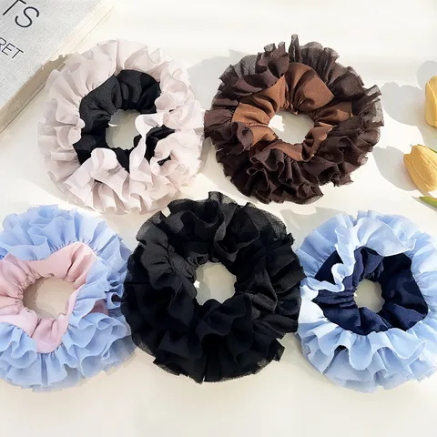 Ballet Style Ruffled Lace Scrunchie Large Mesh Hair Tie Elegant Pleated Elastic Ponytail Holder Accessories For Women