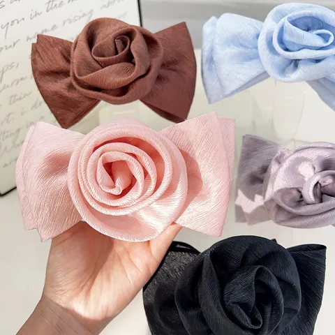 Elegant 3D Rose Flower Ribbon Bow Hair Clip For Women High-end Graceful Fabric Spring Clip Ponytail Hairpin Accessory