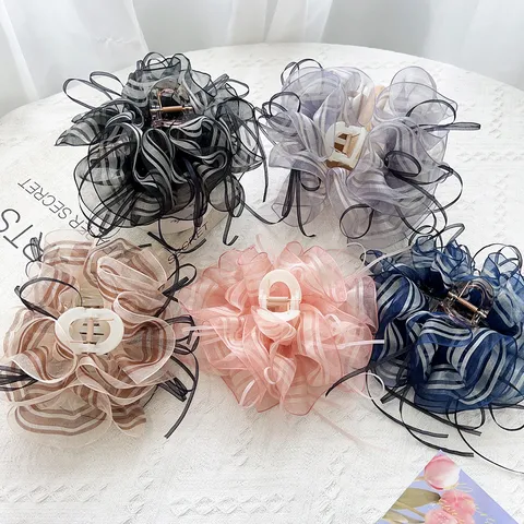 Elegant Striped Mesh Bow Hair Claw Clip For Women Large Pleated Organza Shark Clip Fresh Style Hair Accessories For Party Daily