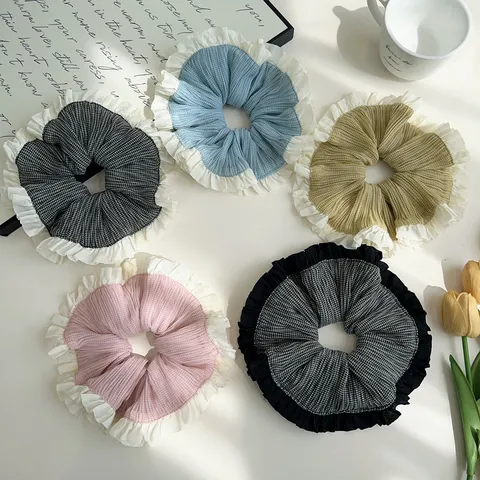 Coletero a Cuadros con Volantes de Estilo Universitario Coreano para Mujer Goma de Pelo de Tela Dulce Accesorios de Moda para el Cabello