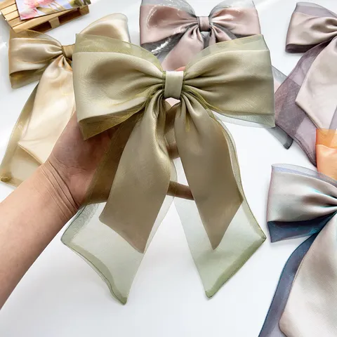 Elegant Iridescent Organza Bow Hair Clip For Women Long Ribbon Mesh Spring Clip Fairy Hair Accessories Ponytail Holder