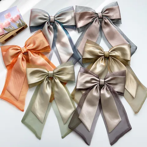 Elegant Iridescent Organza Bow Hair Clip For Women Long Ribbon Mesh Spring Clip Fairy Hair Accessories Ponytail Holder