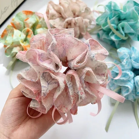 Forest Style Floral Print Chiffon Scrunchie With Bow Ribbon Elegant Handmade Hair Tie Sweet Hair Accessories For Women
