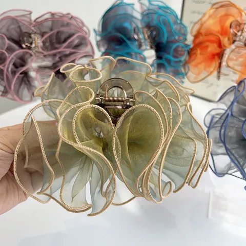 Large Mesh Bow Hair Claw Clip Pleated Organza Shark Clip For Women Elegant Updo Styling Hair Accessory