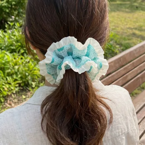 Sweet Mesh Fabric Scrunchie Floral Printed Ruffle Pleated Large Hair Ties Fresh Elegant Hair Bands Ornament Accessories For Women