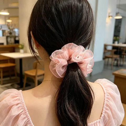 Großes Mesh Plissee Haargummi Süßes Elegantes Organza Haarband Einfarbig Urlaubsstil Rüschen Haarschmuck Für Damen