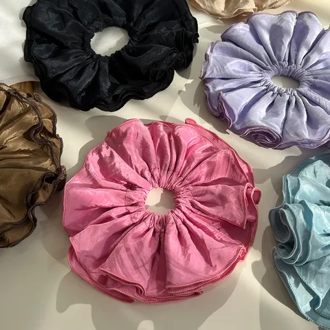 Chouchous Plissés à Quatre Couches Surdimensionnés Style Coréen pour Femmes Élastiques à Cheveux Élégants en Tissu Couleur Unie