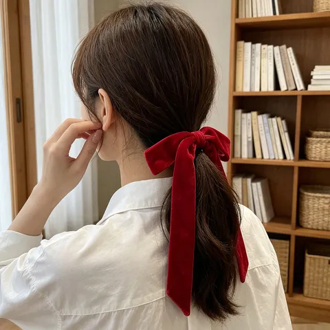 Women Elegant Velvet Bow Ribbon Hair Ring Retro Large Bowknot Scrunchie Long Streamer Hair Tie Autumn Winter Headwear Accessories