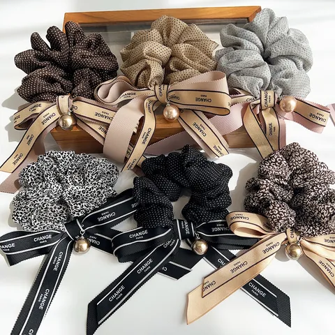 Coletero Elegante Francés Con Estampado De Leopardo Y Lunares Con Perla Artificial Lazo Cuerda Para El Cabello Mujer