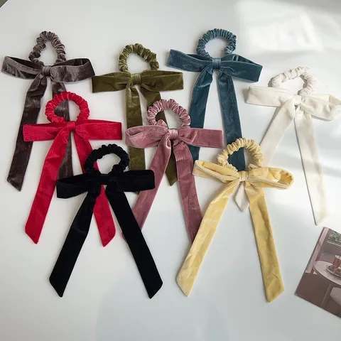 Women Elegant Velvet Bow Ribbon Hair Ring Retro Large Bowknot Scrunchie Long Streamer Hair Tie Autumn Winter Headwear Accessories