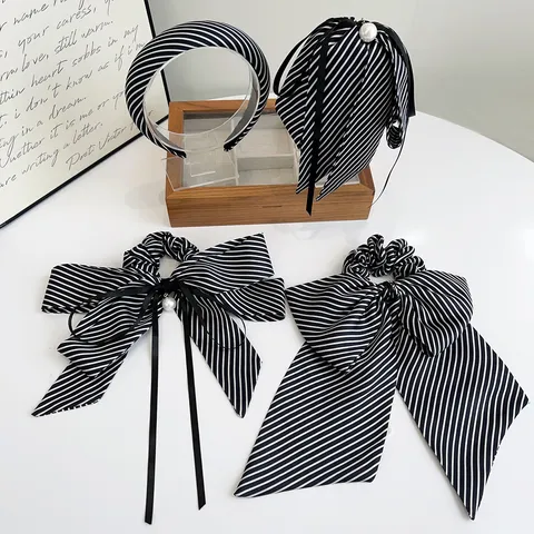 Vintage Minimalistisch Schwarz Und Weiß Gestreift Schleife Haarschmuck Künstliche Perle Band Haargummi Stirnband Haarklammer Damen