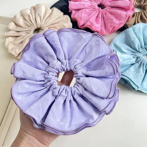 Chouchous Plissés à Quatre Couches Surdimensionnés Style Coréen pour Femmes Élastiques à Cheveux Élégants en Tissu Couleur Unie