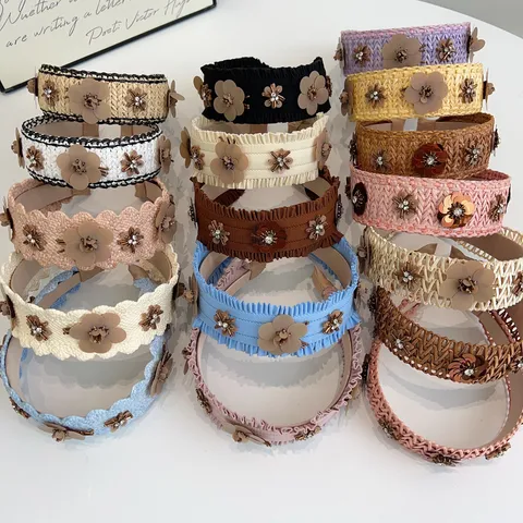 Serre-tête Tressé en Paille Fait à la Main pour Femmes Fleur Strass Paillettes Style Vacances Accessoires de Coiffure