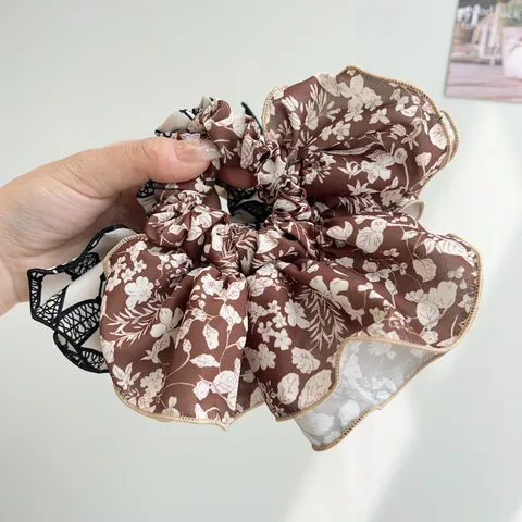 Vintage Korean Style Floral Leopard Print Scrunchie Large Double Layer Ruffle Hair Tie Elegant Head Flower Accessory For Women