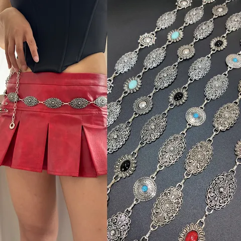 Silver Ethnic Embossed Waist Chain Vintage Metal Waist Belt Tassel Body Jewelry For Women Dress Accessories