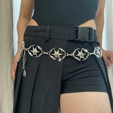 Women Metal Waist Chain Retro Y2K Starfish Star Pendant Adjustable Silver Belt Fashion Dress Body Jewelry Accessories