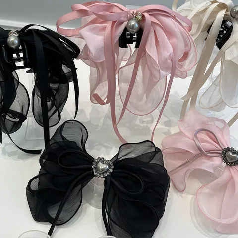 Elegante Pinza para el Cabello con Lazo de Malla con Perla Artificial Diamantes de Imitación Corazón Mariposa Grande Pinza de Garra de Resorte para Mujer Accesorios para el Cabello Estilo Coreano