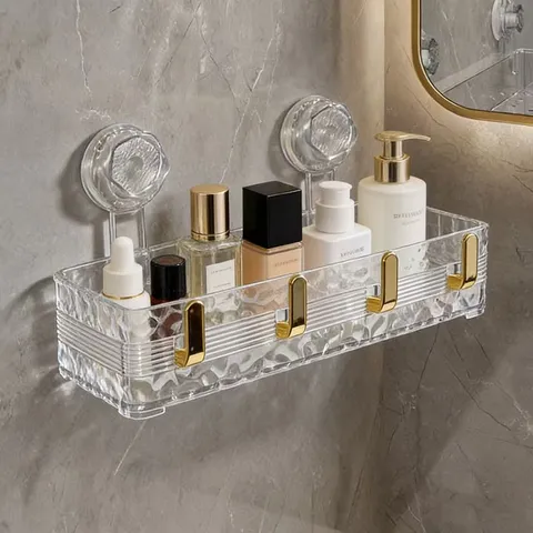 Clear Acrylic Bathroom Storage Rack Wall Mounted Suction Cup Cosmetic Organizer With Hooks Modern Minimalist Shelf