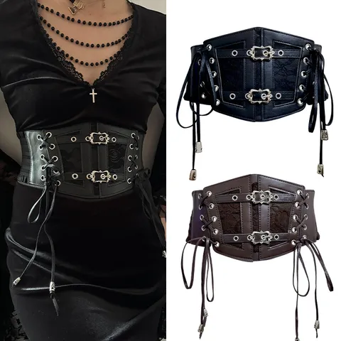 Damen Vintage PU Leder Schnürung Korsett Gürtel Breiter Elastischer Taillengürtel Mit Metallschnalle Gothic Modeaccessoire