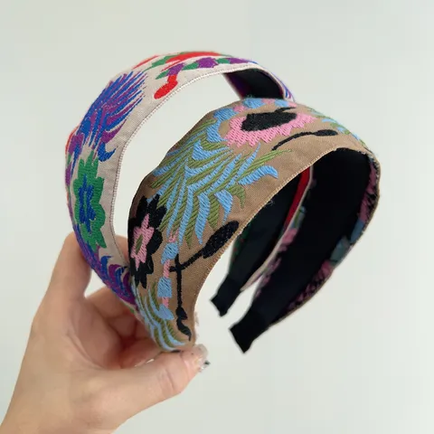 Serre-tête Brodé de Style Ethnique Bohème à Bord Large Rétro Floral en Tissu pour Femmes Accessoires de Mode