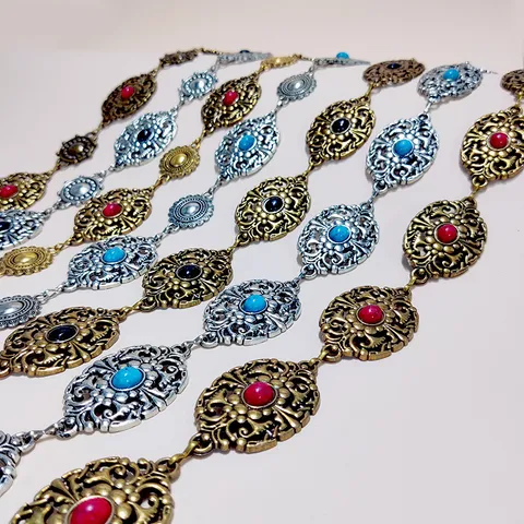 Vintage Ethnic Metal Waist Chain Women Dress Retro Carved Turquoise Inlaid Adjustable Body Chain Belt Fashion Jewelry