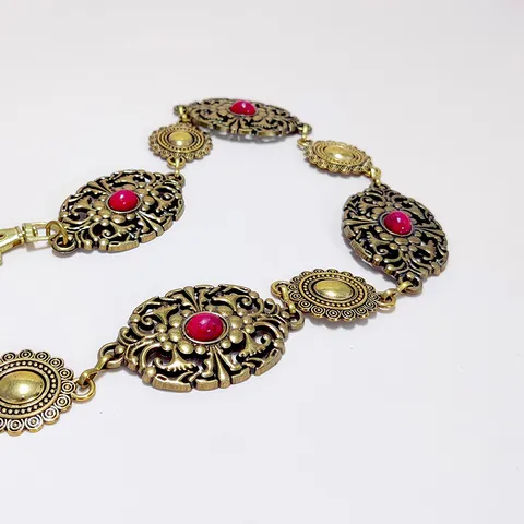 Vintage Ethnic Metal Waist Chain Women Dress Retro Carved Turquoise Inlaid Adjustable Body Chain Belt Fashion Jewelry