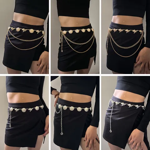 Ocean Style Conch Shell Metal Waist Chain Women Multilayer Body Jewelry Adjustable Fashion Belt For Dress Pants