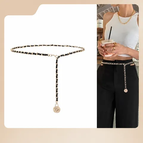 Women Fashion Woven Leather Chain Waist Belt Gold Metal Coin Pendant Waist Chain Elegant Dress Coat Decorative Body Jewelry