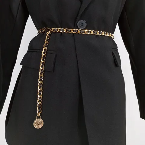 Women Fashion Woven Leather Chain Waist Belt Gold Metal Coin Pendant Waist Chain Elegant Dress Coat Decorative Body Jewelry