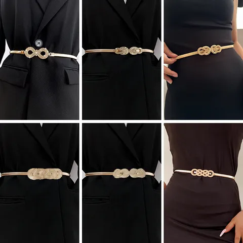 Women's Metallic Elastic Thin Belt Gold Silver Stretch Waist Chain Rhinestone Decorative Dress Sweater Belt Fashion Accessory