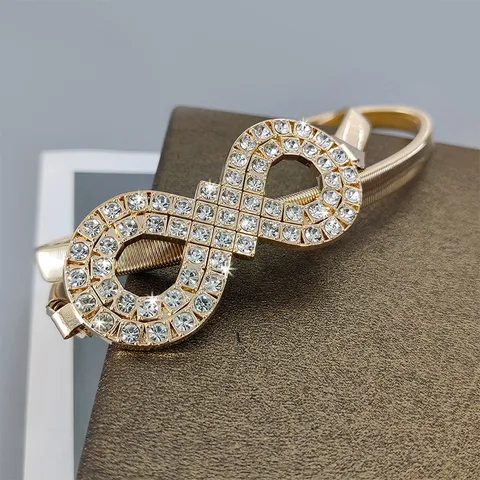 Women's Metallic Elastic Thin Belt Gold Silver Stretch Waist Chain Rhinestone Decorative Dress Sweater Belt Fashion Accessory