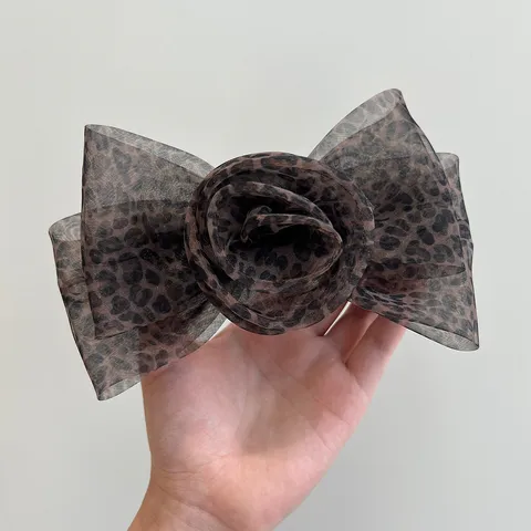 Élégante Pince à Cheveux Nœud Rose en Maille Imprimé Léopard pour Femmes Grand Nœud Papillon en Organza Pince à Ressort Accessoires Cheveux