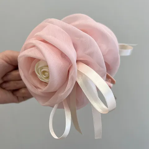 Pinza para el Cabello de Flor de Rosa Grande con Lazo de Malla para Mujer Clip de Tiburón de Organza Estilo Coreano Accesorios para el Cabello
