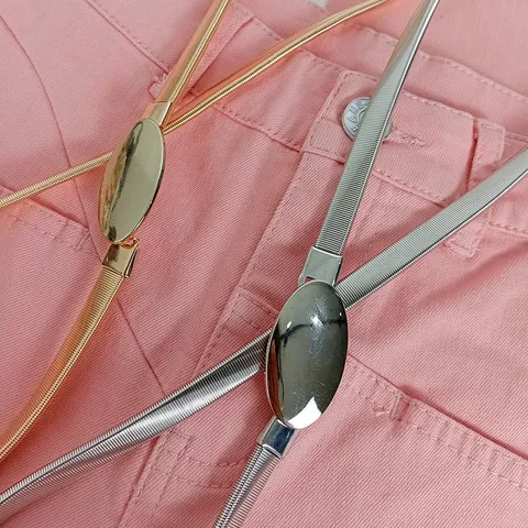 Women Metal Waist Chain Elastic Stretch Belt Oval Buckle Dress Sweater Decorative Waist Band Fashion Accessories