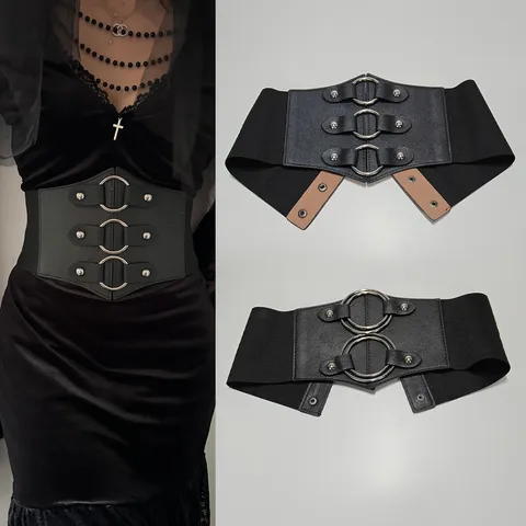 Women Wide Elastic Cinch Belt Retro Punk Metal O-Ring Studded Waist Band Fashion PU Leather Corset Belt For Dress Coat