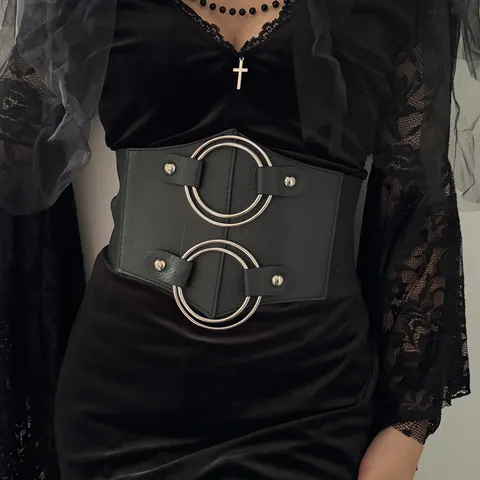 Women Wide Elastic Cinch Belt Retro Punk Metal O-Ring Studded Waist Band Fashion PU Leather Corset Belt For Dress Coat