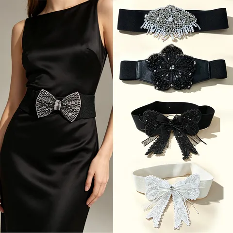 Women Rhinestone Bow Belt Elastic Wide Waist Cincher PU Leather Dress Decorative Corset Belt Fashion Accessories