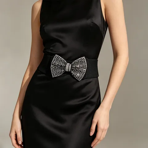 Women Rhinestone Bow Belt Elastic Wide Waist Cincher PU Leather Dress Decorative Corset Belt Fashion Accessories