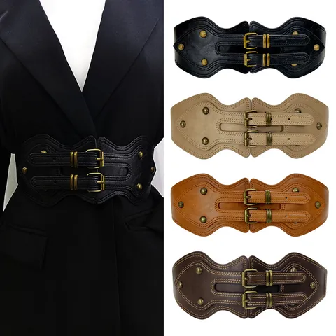 Women Vintage Ethnic Wide Waist Belt PU Leather Elastic Corset Belt Rivet Dress Coat Decor Fashion Waist Cincher