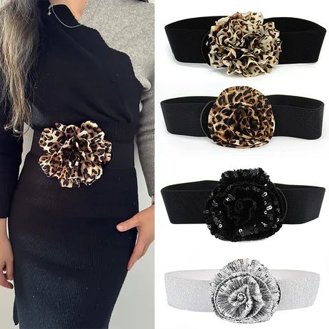 Women Fashion Wide Elastic Cinch Belt Faux Leather Floral Rose Waist Band Dress Sweater Corset Decorative Belt