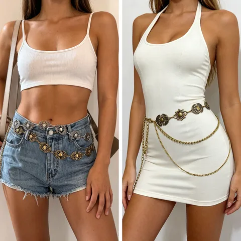 Bohemian Vintage Sun Moon Hollow Metal Waist Chain Women Multi-layer Tassel Body Chain Dress Decorative Belt Jewelry