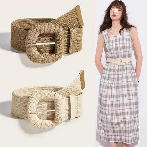 Damen Strohgewebter Gürtel Vintage Lässiges Kleid Cinch Gürtel Runde Schnalle PP Stroh Geflochtener Taillengürtel Mode Accessoires