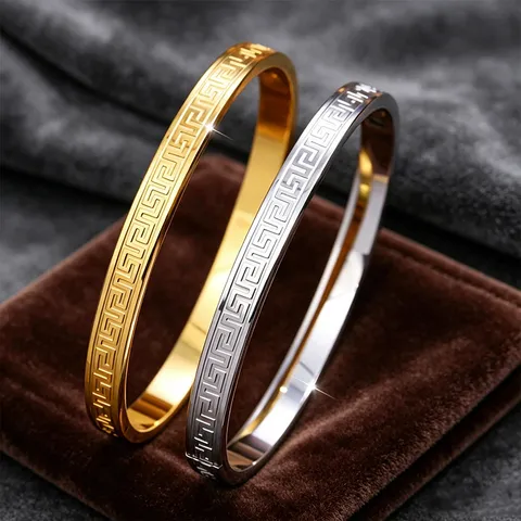 Bracciale Rigido da Donna in Acciaio Inossidabile 304 Motivo Grande Muraglia Placcato Oro 18K Chiave Greca Gioielli di Moda