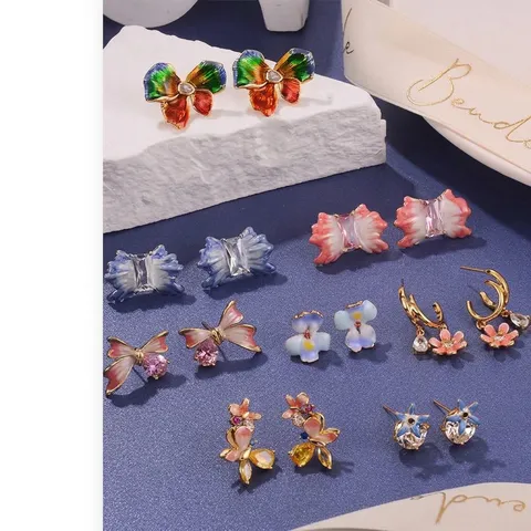 Boucles d'Oreilles Clous Papillon Fleur en Émail Multicolore Vintage pour Femmes Strass Perle Artificielle Tige Argent Sterling 925 Bijoux de Mode Été Nouveau