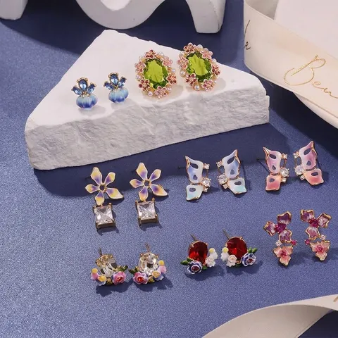 Boucles d'Oreilles Clous Papillon Fleur en Émail Multicolore Vintage pour Femmes Strass Perle Artificielle Tige Argent Sterling 925 Bijoux de Mode Été Nouveau