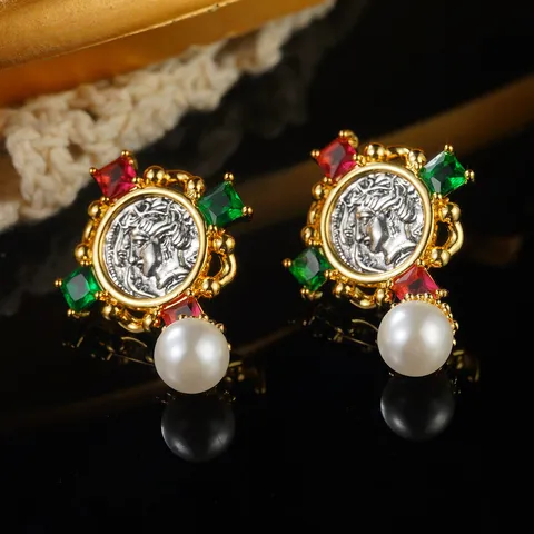 Vintage Palace Style Porträt Münze Ohrstecker Für Damen Retro Gold Floral Künstliche Perle Strass 925 Silber Stift Schmuck
