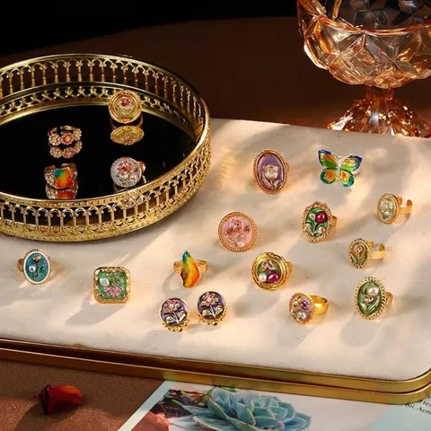 Vintage Baroque Oil Painting Series Floral Ring For Women Gold Plated Enamel Butterfly Flower Adjustable Open Ring Artificial Pearl Jewelry